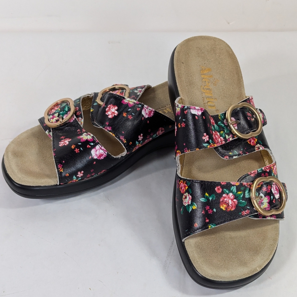 Alegria Black Floral Buckle Sandals